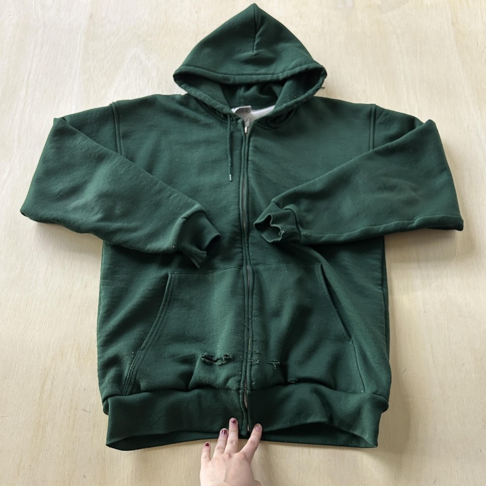 Vintage Thermal Heavyweight Blank Sweatshirt Pluma Hoodie Men L Green Fleece Zip